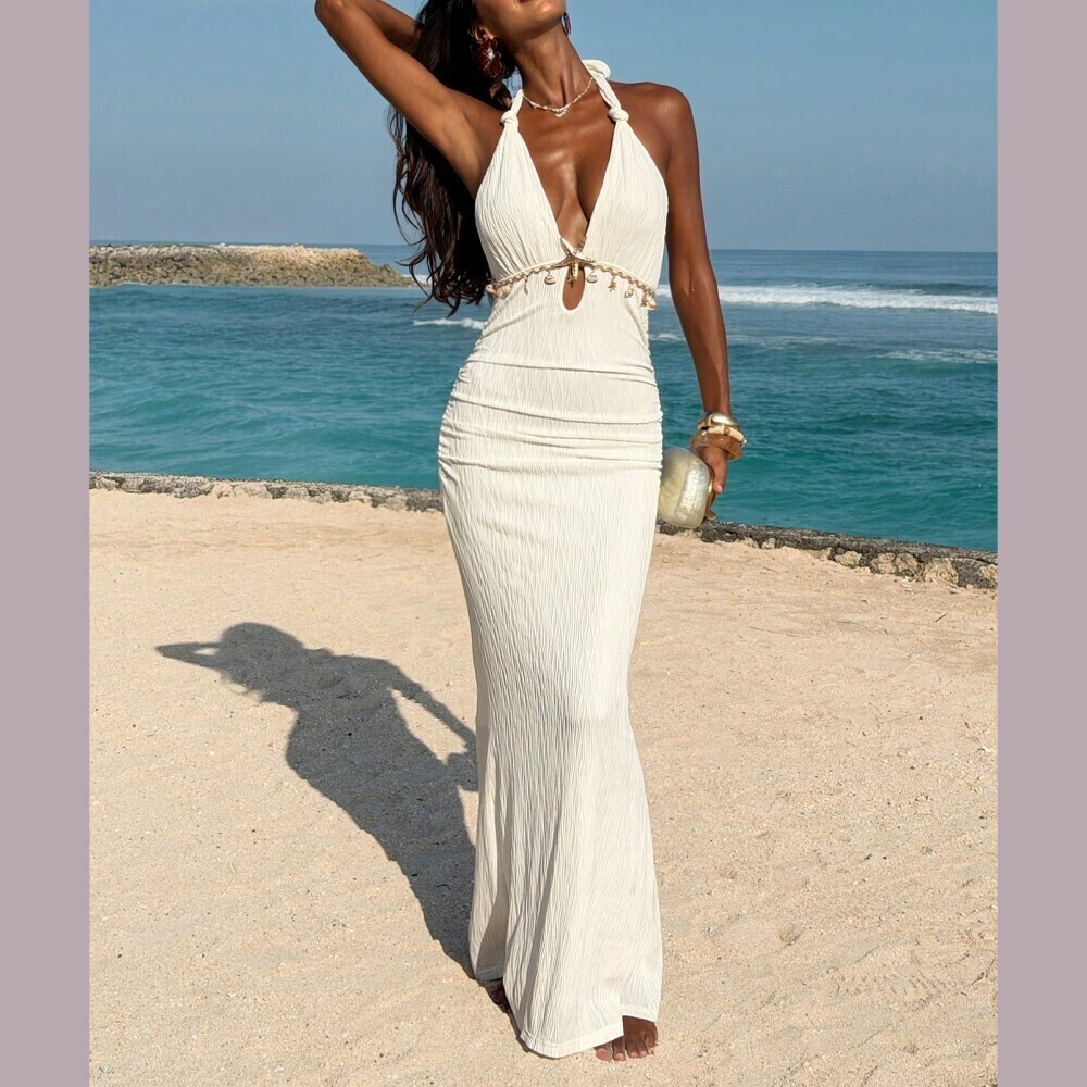 Ivory / Cream Textured Wavy Knit Halter Cutout Maxi Dress with Shell Trim Waist